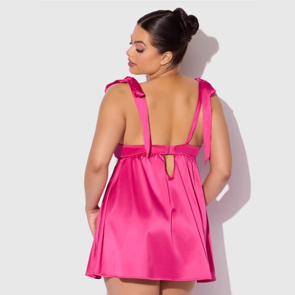 House of Desire Brigeta Pink Satin Open Cup Babydoll and G-String Lingerie Set - Picture 4 of 7